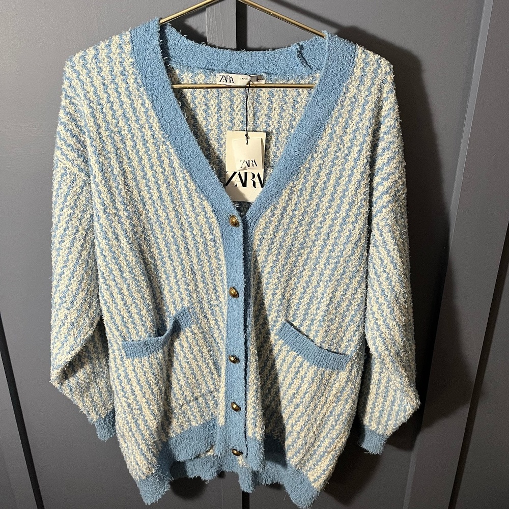 Zara Blue oversized stripped button cardigan Sweater size M-L